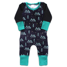 Load image into Gallery viewer, Harem Romper - Dino Rainbows (bamboo jersey)