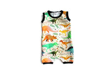 Load image into Gallery viewer, Harem Shorts Romper - Dino Rainbows (bamboo jersey)