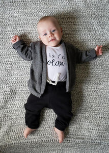 Kids Straight Cardi - White Dots on Black Linen (cotton french terry)