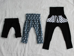 Grow With Me Pants - White Dots on Black Linen (cotton french terry)